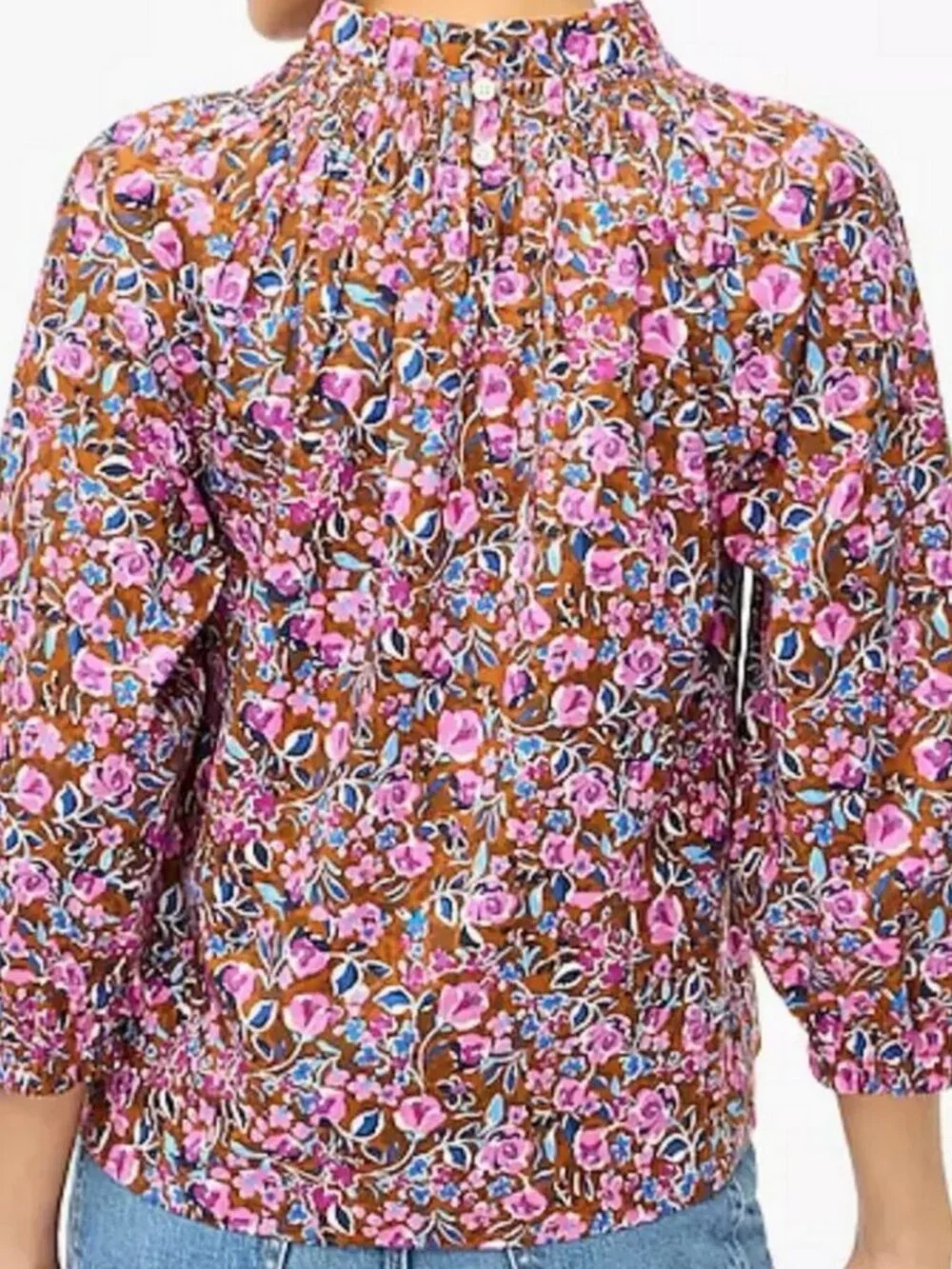 J. Crew Floral Smocked Neck 3/4 Sleeve CottonTop